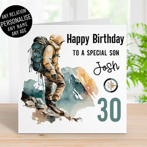 Cartão de feliz aniversário personalizado para caminhada, montanhismo, para homens, qualquer idade e parentesco, qualquer nome, 18, 21, 25, 30, 40 anos, cartão de felicitações