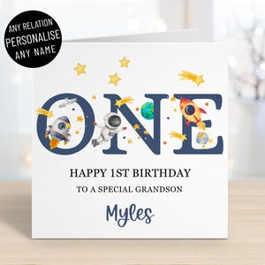 Espace personnalisé 1er carte d'anniversaire pour garçons, tous les noms et parents, un an, fils, petit-fils, neveu, frère, fusée spatiale, carte de voeux