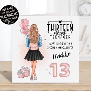 Cartão personalizado de feliz aniversário de 13 anos para meninas, qualquer nome e parentesco, oficialmente uma adolescente, filha, neta, sobrinha, escolha o penteado