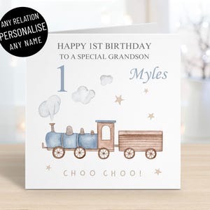 Carte personnalisée joyeux 1er anniversaire du train Choo Choo pour garçons, tous les noms et relations, fils, petit-fils, neveu, frère, 1 an, carte de voeux