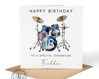 Personalised drums happy birthday card, any age & name, any relation son grandson brother nephew, 13th 16th 18th 21st 30th, drum kit music