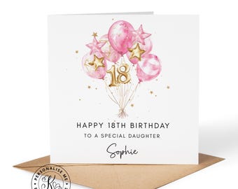 Tarjeta de cumpleaños número 18 personalizada para ella, globos rosa dorado, cualquier nombre, parentesco, hija, nieta, hermana, sobrina, prima, edad 18