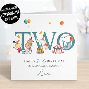 Cartão de feliz aniversário de 2 anos com animal de circo personalizado para meninos, qualquer nome e parentesco, para filho, neto, sobrinho, irmão, idade 2, cartão de felicitações