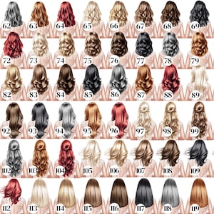 May include: A selection of 60 illustrations displaying diverse hairstyles and hair colours. The images depict women with varied hair lengths and styles, from short bobs to long, flowing locks. The colour palette includes black, blonde, brown, red, and grey.