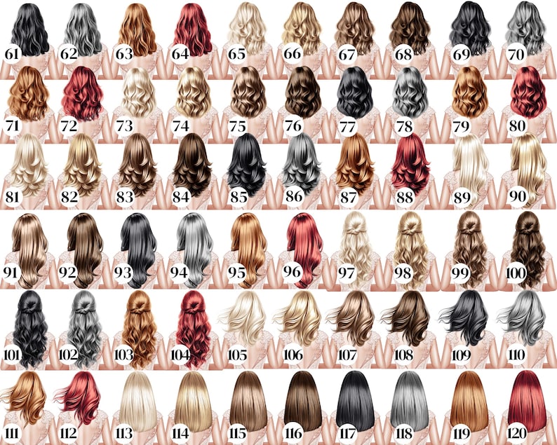 May include: A selection of 60 illustrations displaying diverse hairstyles and hair colours. The images depict women with varied hair lengths and styles, from short bobs to long, flowing locks. The colour palette includes black, blonde, brown, red, and grey.
