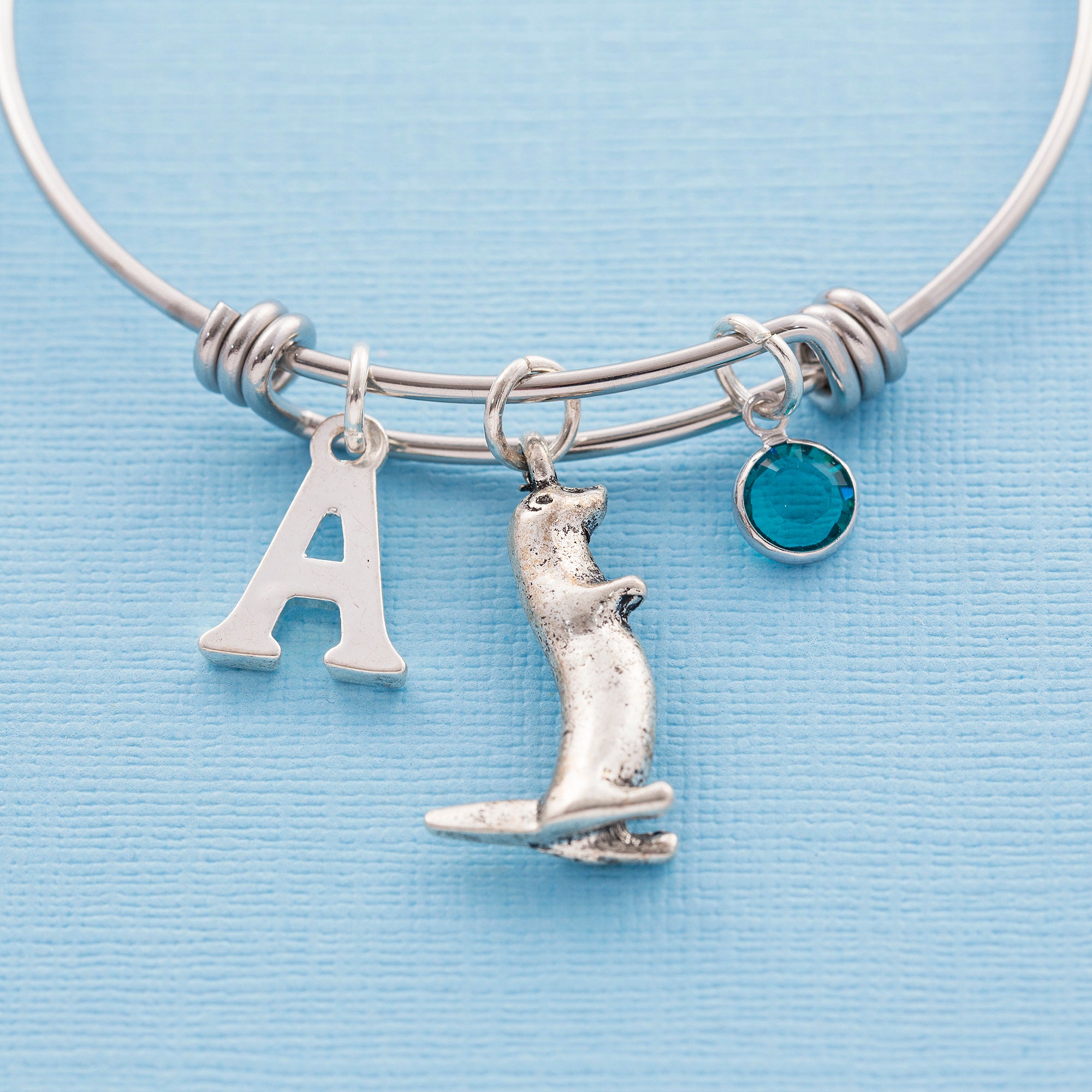 Personalised otter charm bracelet steel bangle initial Etsy