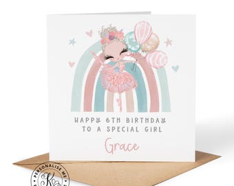 Tarjeta de cumpleaños personalizada de bailarina y arcoíris para niñas de cualquier edad: 3.º, 4.º, 5.º, 6.º, 7.º grado, cualquier nombre, parentesco, hija, nieta, sobrina, hermana.