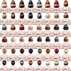 May include: A grid of 60 illustrations of women's hairstyles and hair colours, numbered from 241 to 300. The hairstyles vary in length and style, with colours ranging from blonde to black and red.