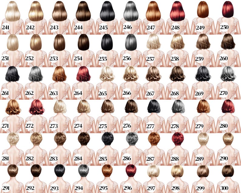 May include: A grid of 60 illustrations of women's hairstyles and hair colours, numbered from 241 to 300. The hairstyles vary in length and style, with colours ranging from blonde to black and red.