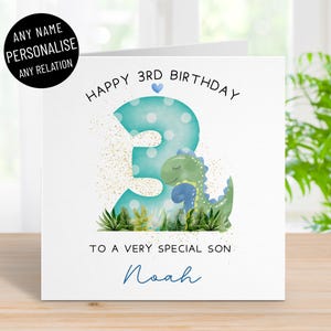 Carte personnalisée du 3e anniversaire de dinosaure pour garçons, tout nom de famille, 3 ans et 3 ans, fils, petit-fils, neveu, frère, dino jurassique, carte de voeux