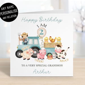 Carte personnalisée joyeux 2e anniversaire de tracteur de ferme pour garçons, tous les noms et parents, cochon mouton vache, pour fils petit-fils neveu, oink baa moo j'ai 2 ans