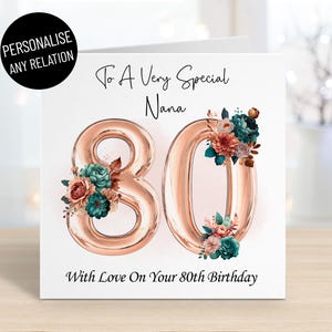 Cartão personalizado de aniversário de 80 anos para mulheres, qualquer nome e parentesco, mãe, avó, babá, irmã, amiga, 80 anos, flores em ouro rosa azul-petróleo
