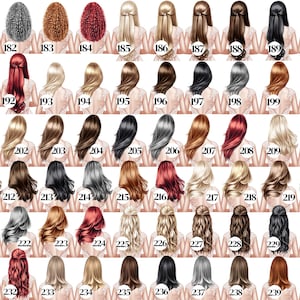 May include: A selection of illustrations displaying diverse hairstyles and hair colours, including black, grey, brown, blonde, and red. Each illustration depicts a woman's back, with the hair styled in various ways, such as braids, buns, and flowing locks.
