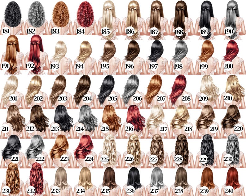 May include: A selection of illustrations displaying diverse hairstyles and hair colours, including black, grey, brown, blonde, and red. Each illustration depicts a woman's back, with the hair styled in various ways, such as braids, buns, and flowing locks.