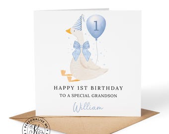 Tarjeta de cumpleaños personalizada de ganso tonto para niños de cualquier nombre, parentesco, hijo, nieto, sobrino, hermano, edad 1 año, animal, pato, pájaro.