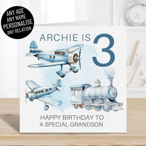 Cartão de feliz aniversário personalizado com trem de avião para meninos, qualquer idade e nome, qualquer parentesco, filho, neto, sobrinho, irmão, 2º, 3º, 4º, 5º, 6º