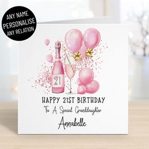 Carte d'anniversaire personnalisée pour femme de 21 ans, tous les noms et parents, fille, petite-fille, soeur nièce, 21 ans, ballons roses champagne