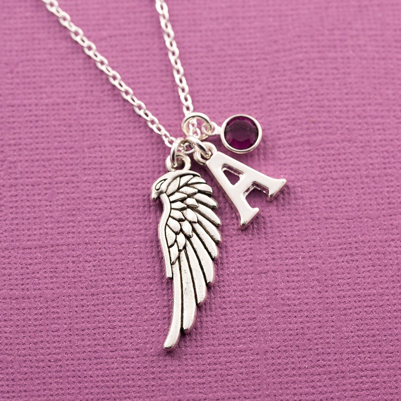birthstone necklace initial necklace personalized jewelry gift for her Personalized angel wing necklace memorial jewelry bereavement