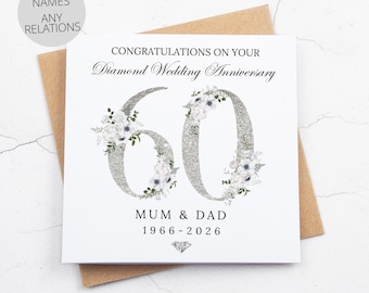 Personalised diamond 60th wedding anniversary card, 60 years married, any names relations, mum & dad, grandparents, friends, greetings card
