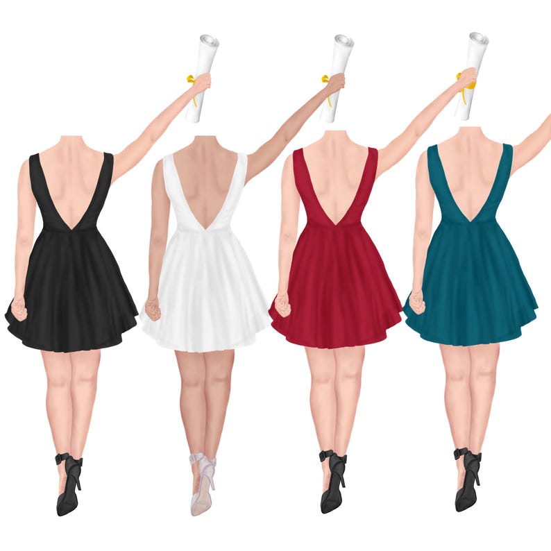 May include: Illustration of four figures in graduation dresses. The dresses are black, white, red, and teal. Each figure holds a rolled diploma with a gold ribbon. The dresses have a deep V-neck at the back and are paired with heels.