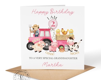Personalised farm tractor happy 2nd birthday card for girls, any name & relation, age two, daughter granddaughter niece, oink baa moo I am 2