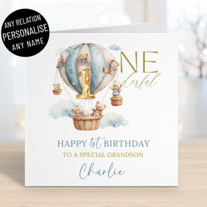 Carte bleue personnalisée de joyeux 1er anniversaire en montgolfière pour garçons, tous les noms et parents, fils, petit-fils, neveu, frère, « onederful » de 1 an