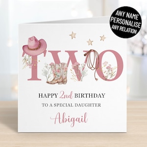 Cartão personalizado de feliz aniversário de 2 anos para cowgirl, qualquer nome e parentesco, idade dois, filha neta sobrinha, botas de cowboy rosa, cartão de felicitações