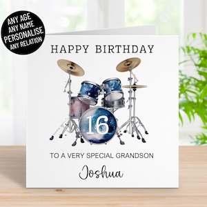 Personalised drums happy birthday card, any age & name, any relation son grandson brother nephew, 13th 16th 18th 21st 30th, drum kit music