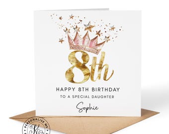 Tarjeta de cumpleaños personalizada para niñas de 8 años, con cualquier nombre, parentesco, hija, nieta, sobrina, hermana, corona rosa y dorada, princesa, 8 años.