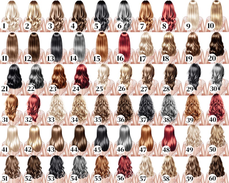 May include: A set of 60 illustrations displaying different hairstyles and hair colours. The images are numbered from 1 to 60, with a variety of shades including blonde, brown, black, red, and grey. Each illustration shows the back of a person.