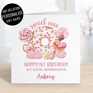 Cartão personalizado de feliz aniversário de 1 ano para meninas, qualquer nome e parentesco, filha, neta, sobrinha, irmã, pirulitos, biscoitos, bolos