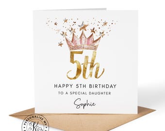 Tarjeta de cumpleaños personalizada para niñas de 5 años, con cualquier nombre, parentesco, hija, nieta, sobrina, hermana, corona rosa, princesa, 5 años.