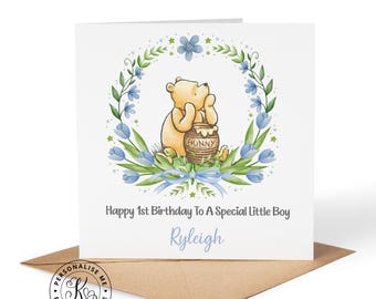 Tarjeta de cumpleaños personalizada de Winnie the Pooh para niños y niñas, 1.º, 2.º, 3.º, 4.º cumpleaños, cualquier parentesco, hijo, nieto, hija, nieta, bebé.