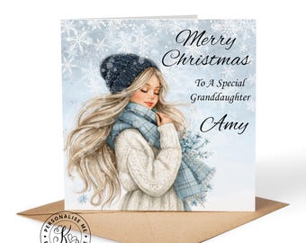 Tarjeta de Navidad personalizada para ella, cualquier nombre, cualquier parentesco, hija, nieta, hermana, sobrina. Feliz Navidad, tarjeta de Navidad, invierno, nieve.