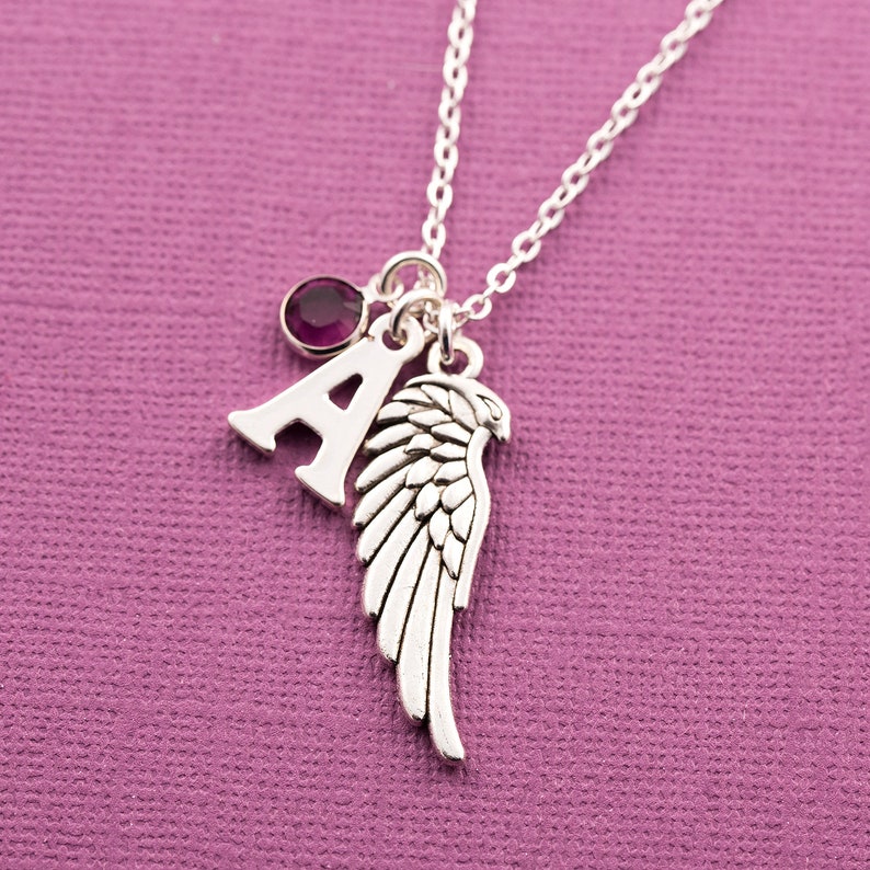 birthstone necklace initial necklace personalized jewelry gift for her Personalized angel wing necklace memorial jewelry bereavement