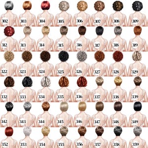 May include: A selection of 60 illustrations of women's hairstyles, each with a unique color and style. The illustrations are numbered from 301 to 360, showcasing various hair colours, including blonde, brown, red, and black, and different hair lengths.