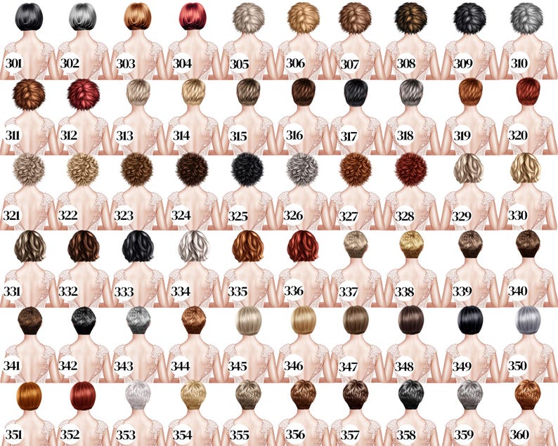 May include: A selection of 60 illustrations of women's hairstyles, each with a unique color and style. The illustrations are numbered from 301 to 360, showcasing various hair colours, including blonde, brown, red, and black, and different hair lengths.