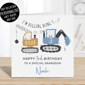 Cartão de feliz aniversário personalizado para escavadeira de construção para meninos, qualquer idade e nome, filhos, qualquer parentesco, 2º, 3º, 4º e 5º ano, cartão de felicitações