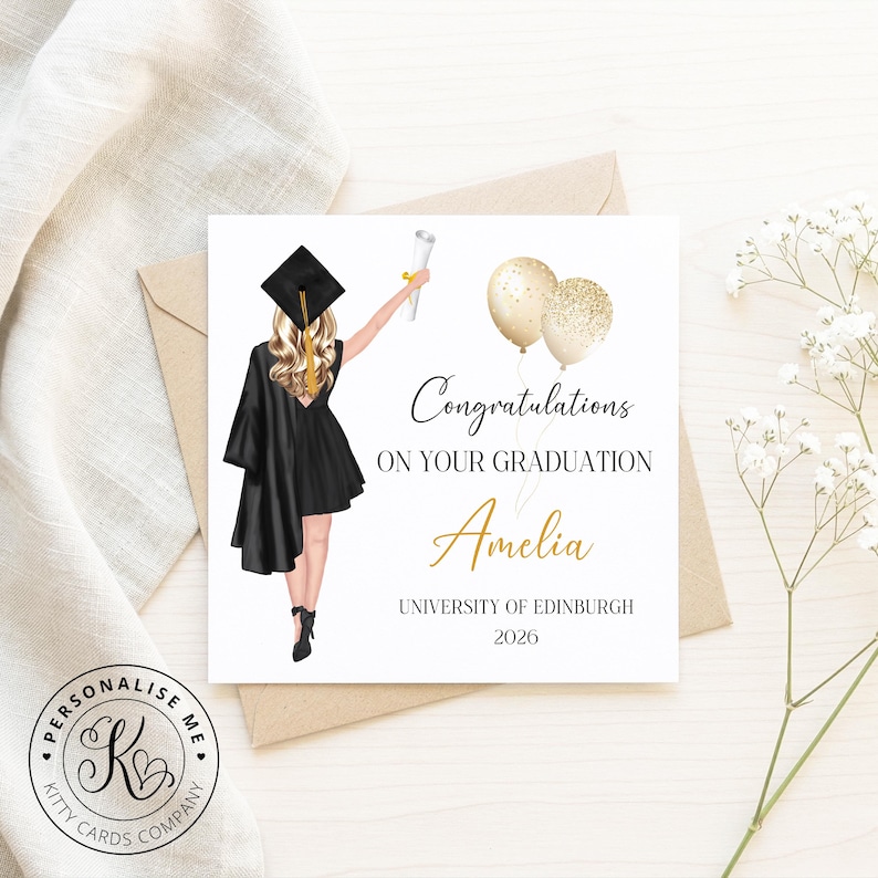 May include: Graduation card with an illustration of a graduate in a black gown and cap, holding a diploma and balloons. The card reads "Congratulations on Your Graduation Amelia University of Edinburgh 2026."