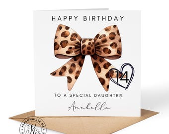 Tarjeta de cumpleaños personalizada con estampado de leopardo para niñas y mujeres de cualquier edad: 13, 16, 21, 30 años, hija, hermana, nieta, amiga, cualquier nombre.
