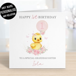 Cartão de feliz aniversário de 1 ano personalizado com pato de borracha fofo para meninas, qualquer nome e parentesco, idade um, filha neta sobrinha, cartão de felicitações