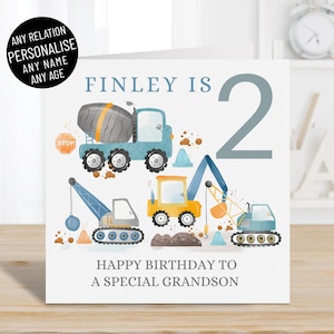 Cartão de feliz aniversário personalizado para escavadeira de construção para meninos, qualquer idade e nome, filhos, qualquer parentesco, 2º, 3º, 4º e 5º ano, cartão de felicitações