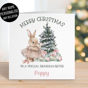 Tarjeta personalizada de Feliz Navidad con un conejito de hada rosa para niñas, cualquier nombre y parentesco, hija, nieta, sobrina, hermana, tarjeta de estilo vintage