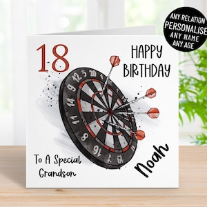 Cartão de feliz aniversário personalizado para jogador de dardos, qualquer idade e nome, qualquer parentesco, filho, neto, irmão, sobrinho, 13, 16, 18, 21, 30