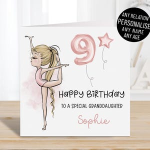 Cartão de feliz aniversário personalizado para ginasta para meninas, qualquer idade, nome, relação, filha, neta, sobrinha, 7º, 8º, 9º, 10º, 11º, 12º aniversário