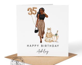 Tarjeta de cumpleaños personalizada con estampado de leopardo para ella, de cualquier edad: 21, 25, 30, 40 años. Tarjetas étnicas para mujeres negras, adecuadas para cualquier ocasión.