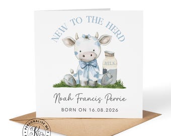 Tarjeta personalizada de felicitación para padres con diseño de vaca y ternero: ¡Felicitaciones por el nacimiento de su bebé! Nombre y fecha de nacimiento. Nuevo miembro del rebaño.