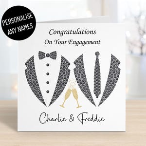 Tarjeta de compromiso gay personalizada, boda LGBTQ del mismo sexo, para 2 novios, Sr. y Sr., Él y Él, esmóquines negros, cualquier nombre, tarjeta de felicitación