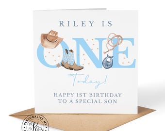Tarjeta de cumpleaños personalizada de vaquero para niño, rodeo western, edad 1, cualquier nombre, parentesco, hijo, nieto, sobrino, hermano