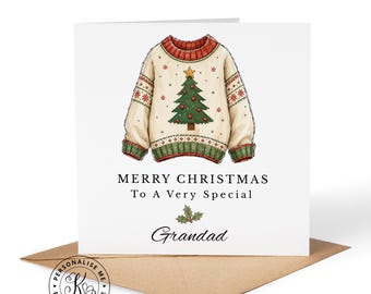 Tarjeta navideña personalizada con forma de jersey para adultos. Tarjeta de Feliz Navidad con cualquier nombre, parentesco, abuelo, abuela, tío, tía.